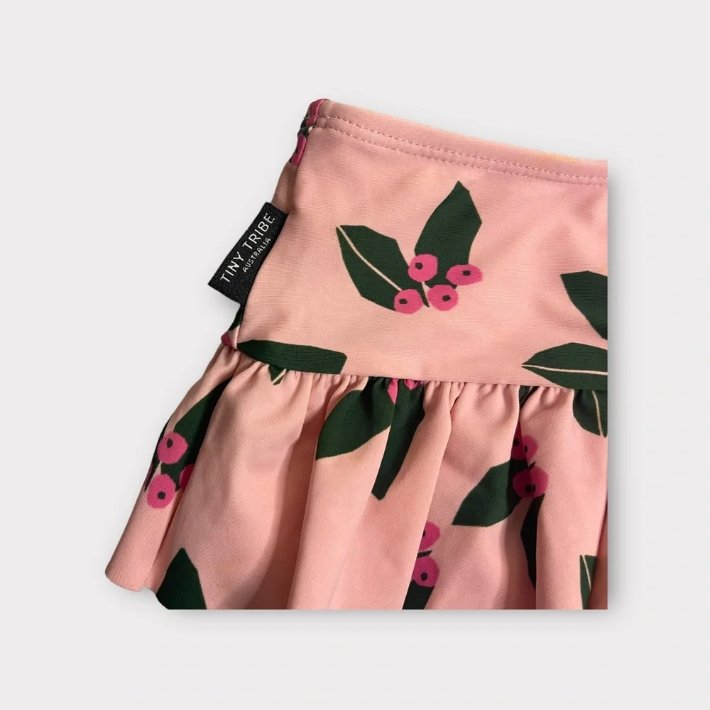 Tiny Tribe Berry Leaf Pattern Pink Ruffle Swim Bottom